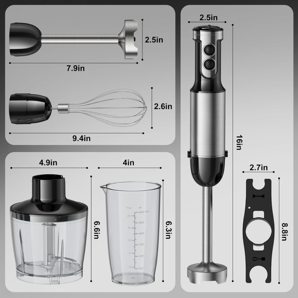 PRASKY immersion blender with various attachments and measurements on a gray background
