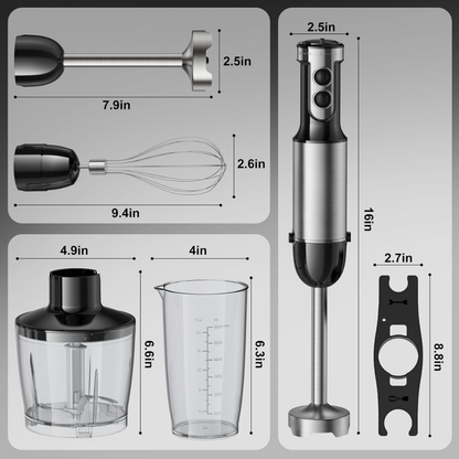 PRASKY immersion blender with various attachments and measurements on a gray background