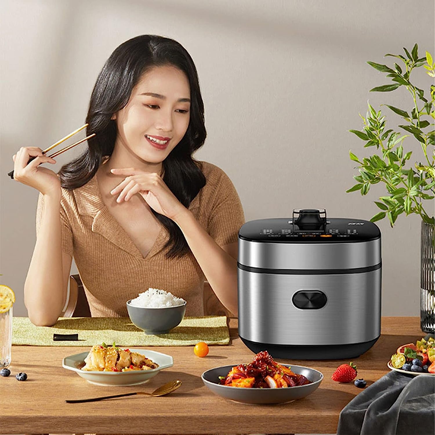 JOYOUNG Rice Cooker 8 Cup, 14 Menu Options Multi-Functional Rice Cooker Non-Stick Cooker Low Sugar Rice with Steamer, Keep Warm, LED Display, 4L, 860W
