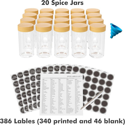 Revolving Spice Rack Set with 20 Spice Jars, Kitchen Spice Tower Organizer for Countertop or Cabinet - Carousel Storage Includes 386 Spice Labels (Bamboo)