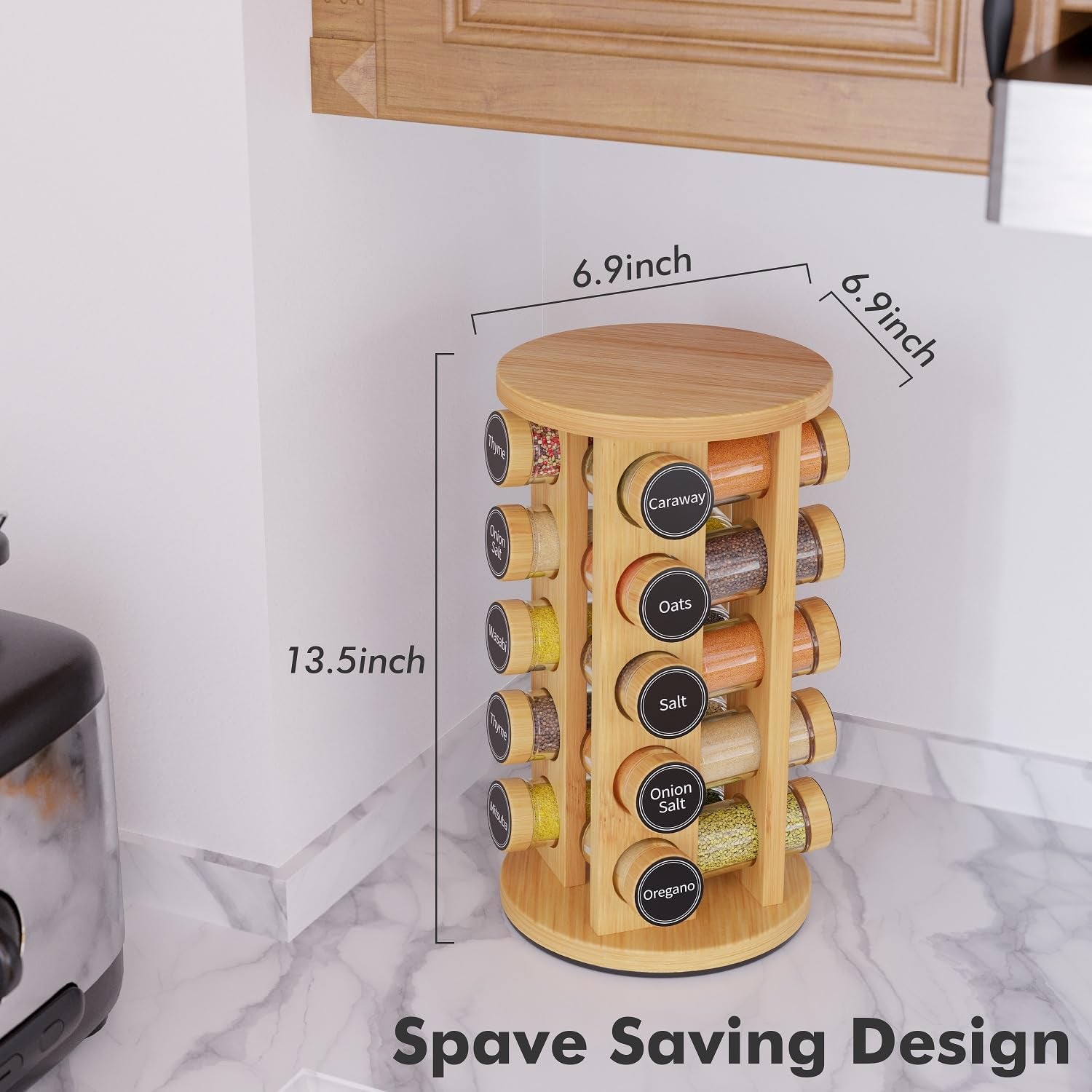 Revolving Spice Rack Set with 20 Spice Jars, Kitchen Spice Tower Organizer for Countertop or Cabinet - Carousel Storage Includes 386 Spice Labels (Bamboo)